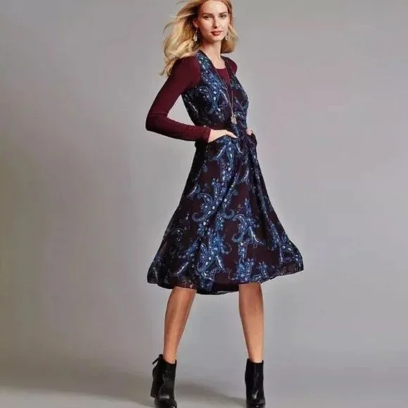 CAbi Paisley Treasure Floral/Paisley Style 3461 V-Neck Midi Dress w/Pockets SZ 4 - Picture 10 of 13